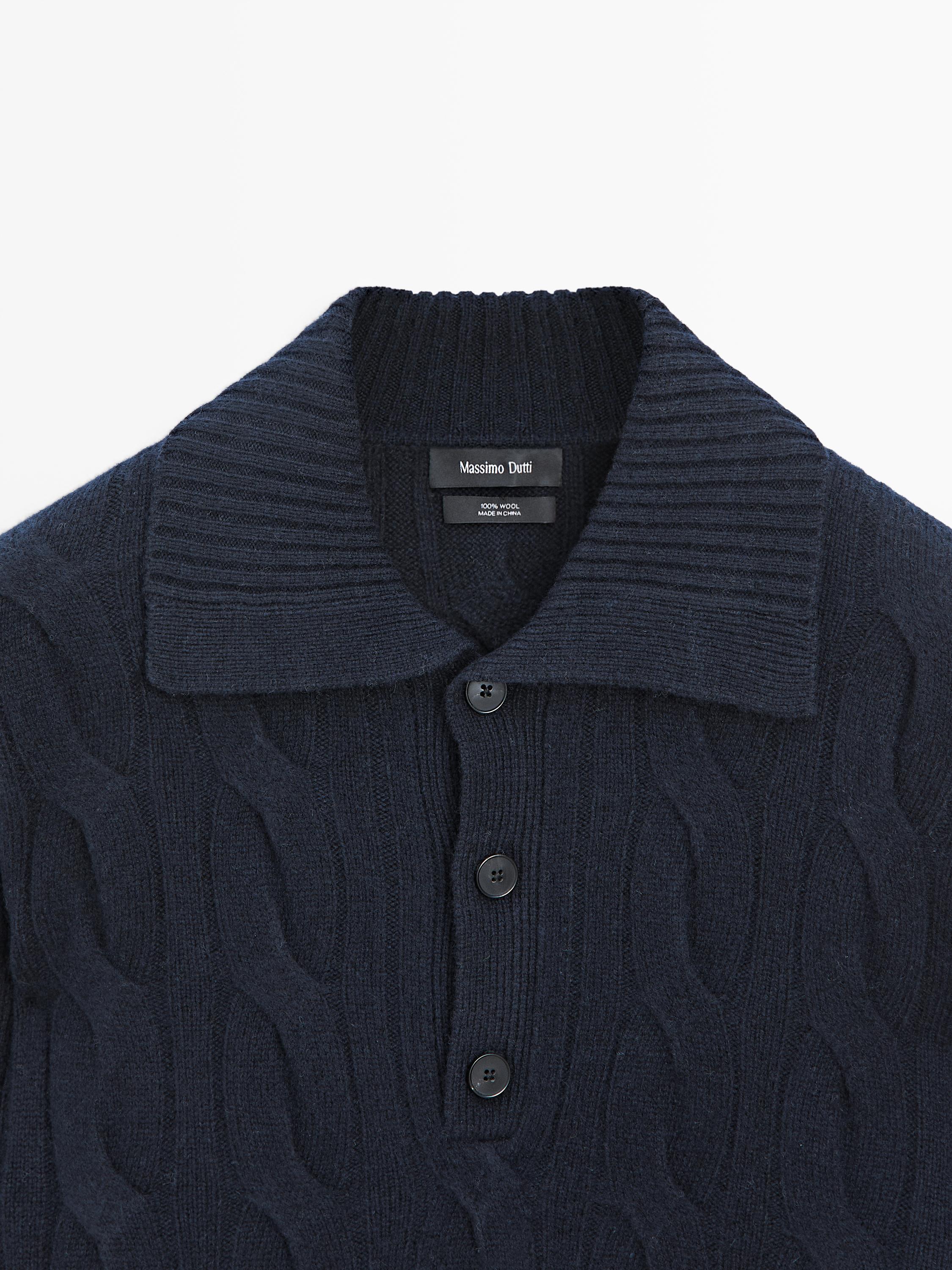 Wool cable-knit polo sweater